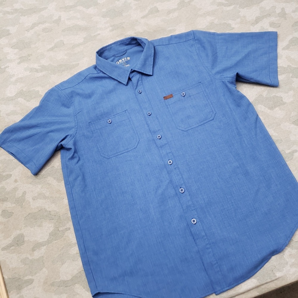 Orvis Shirt Mens Large Blue Pockets Short Sleeve Button-Up Outdoors - Picture 2 of 10